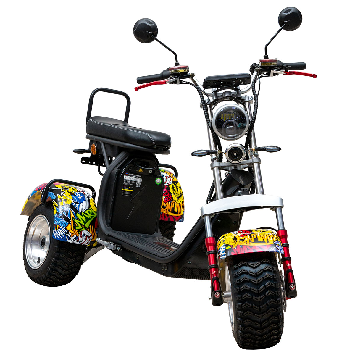 GESUBSIDIEERDE ELEKTRISCHE CHOPPER-STIJL DRIEWIELER SCOOTER VOOR 2 RIJDERS GRAFFITI