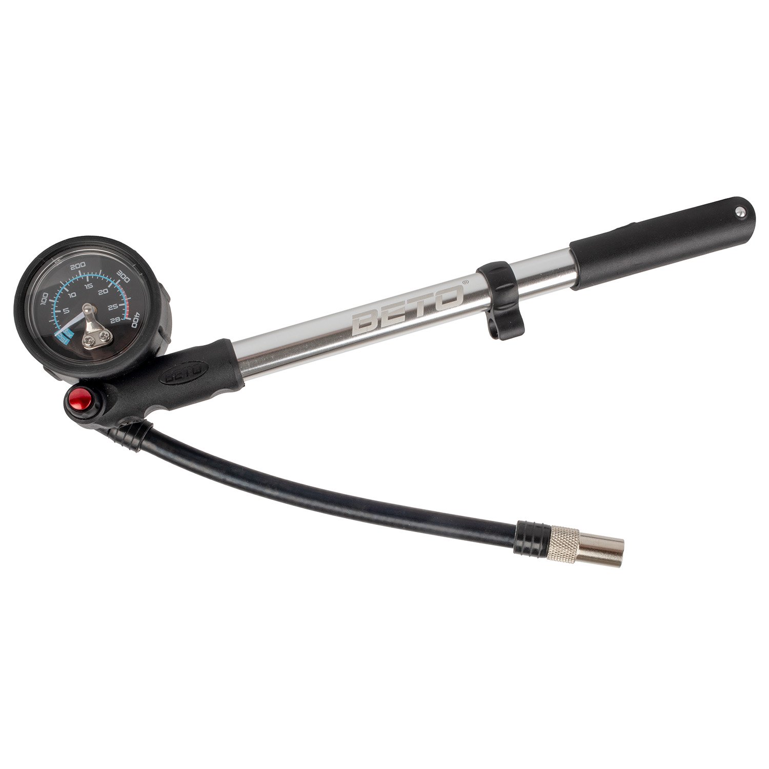 BETO Bicycle Suspension Pump with Aluminum Pressure Gauge 400 psi / 28 bar 470273 Silver Black